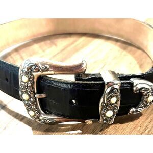 Brighton Vintage Leather Belt with Silver & Pearl Buckle